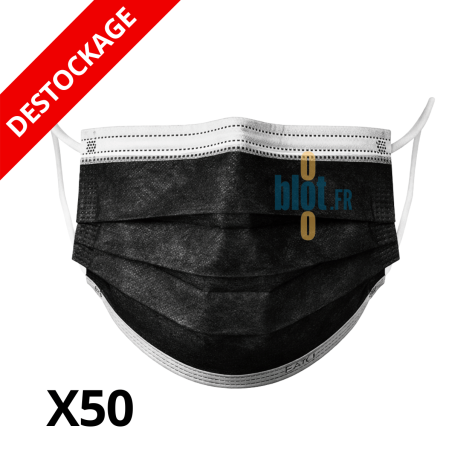 Masque médical noir Type II 3 plis avec élastiques présenté en vue frontale sur fond blanc