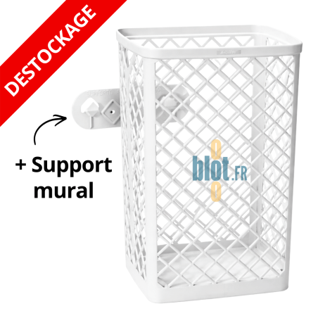 Corbeille plastique blanche 40 litres rectangulaire avec support mural amovible sur fond blanc