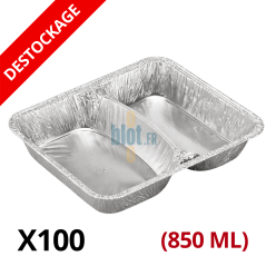 Plat aluminium compartimenté 2 sections vide, vue oblique, format 227 × 176 mm pour repas traiteur professionnels.