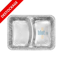 Plat aluminium 2 compartiments vu de dessus, barquette alimentaire rectangulaire 850 cc pour conditionnement repas.