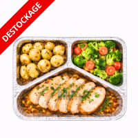 Plat aluminium 3 compartiments avec repas chaud poulet légumes et pommes de terre