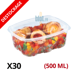 Barquette alimentaire Archipack 500 ml transparente avec couvercle clic-clac contenant un plat cuisiné coloré.