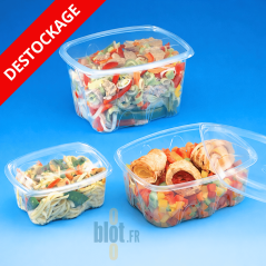 Barquettes alimentaires Archipack transparentes utilisées pour plats cuisinés et salades à emporter.