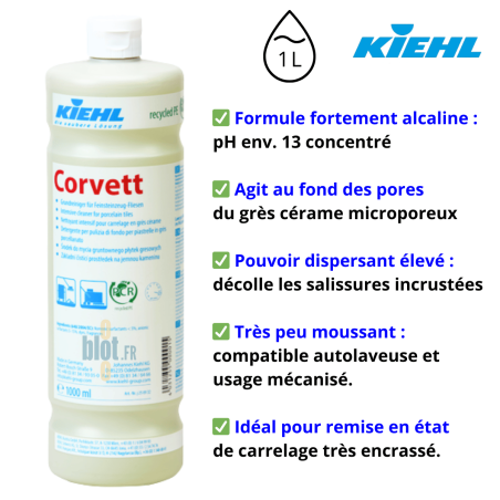 Corvett 1L nettoyant intensif alcalin grès cérame microporeux dégraissant carrelage professionnel pH 13