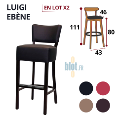 tabouret LUIGI ébène lot de 2 tabourets bar hêtre massif assise simili cuir noir repose-pied inox
