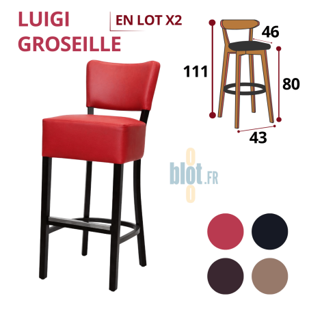 tabouret LUIGI groseille lot de 2 tabourets bar hêtre massif assise simili cuir rouge repose-pied inox