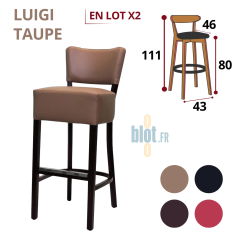 tabouret LUIGI taupe lot de 2 tabourets bar hêtre massif assise simili cuir taupe repose-pied inox