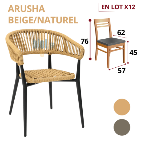 fauteuil ARUSHA beige naturel extérieur empilable en aluminium noir et corde polyester