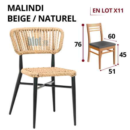 chaise MALINDI beige / naturel extérieure empilable en aluminium noir et corde polyester