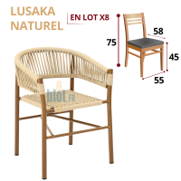 fauteuil LUSAKA naturel extérieur empilable en aluminium et corde nylon avec indication du lot x8