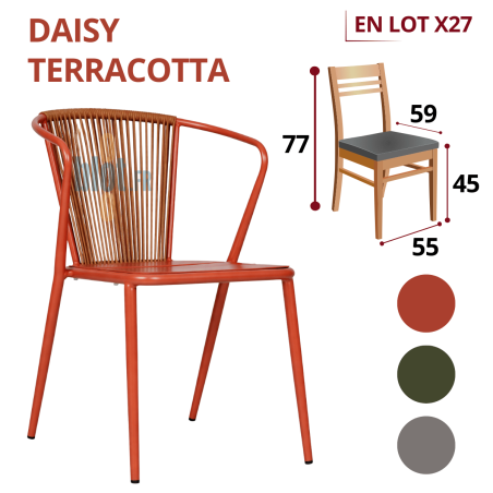 fauteuil DAISY terracotta empilable avec visuel du lot x27 et dimensions principales sur fond clair