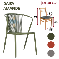fauteuil DAISY amande empilable avec visuel du lot x27 et dimensions principales sur fond clair