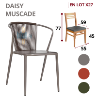 fauteuil DAISY muscade empilable avec indication du lot x27 et dimensions sur fond clair