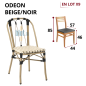 chaise ODEON beige et noir empilable avec indication du lot x9 et dimensions sur fond clair