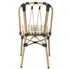 vue arrière de la chaise ODEON beige et noir illustrant le dossier courbé et la conception empilable