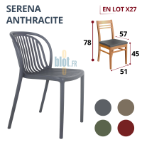 chaise SERENA anthracite empilable en polypropylène avec indication du lot x27 et dimensions sur fond clair