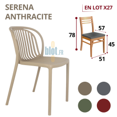 chaise SERENA taupe empilable en polypropylène avec indication du lot x27 et dimensions sur fond clair