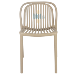 chaise SERENA taupe de face avec structure monobloc ajourée et assise à lattes pour usage extérieur