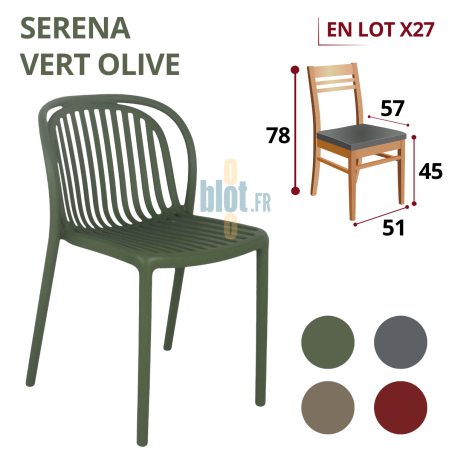 chaise SERENA vert olive empilable en polypropylène avec mention lot x27 et dimensions sur fond clair