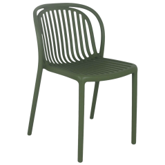chaise SERENA vert olive mettant en avant le dossier ajouré et la structure monobloc pour usage extérieur