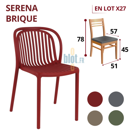 chaise SERENA brique empilable en polypropylène avec visuel lot x27, dimensions et pastilles de coloris sur fond clair