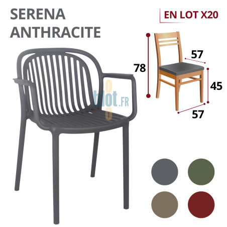 fauteuil SERENA anthracite avec accoudoirs, visuel lot x20, dimensions et pastilles de coloris sur fond clair