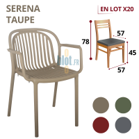 Fauteuil SERENA taupe avec accoudoirs, visuel produit et dimensions principales