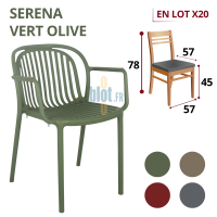 Fauteuil SERENA vert olive avec accoudoirs, visuel produit et dimensions principales