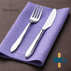 Fourchette et couteau Degrenne Norway inox sur serviette violette