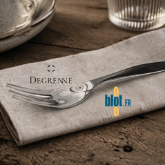 Fourchette dessert poisson Degrenne Amazone inox sur serviette