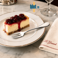 Fourchette à gâteaux inox Degrenne Blois Miroir avec part de cheesecake aux fruits rouges