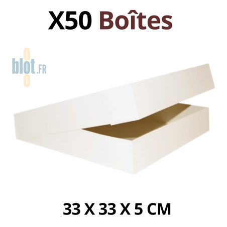 Boîte pâtissière blanche ouverte 33x33x5 cm vue de trois quarts