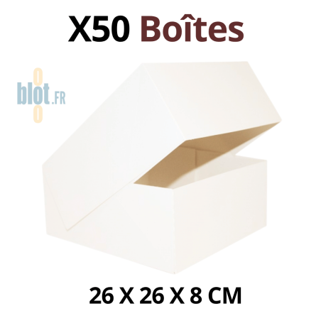 Boîte pâtissière blanche 26 × 26 × 8 cm ouverte, lot de 50 présenté