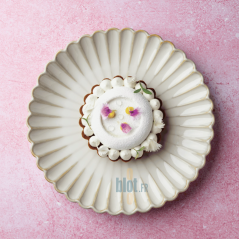 Assiette plate en grès beige Calix 21 cm sur fond rose