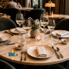 Bol en grès beige Calix dressé sur table de restaurant