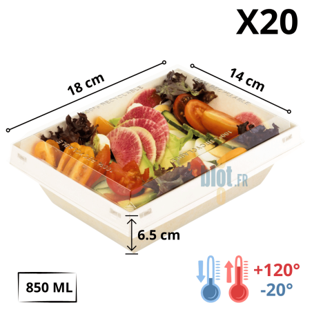 Barquette carton 850 ml avec couvercle transparent Luxifood lot de 20