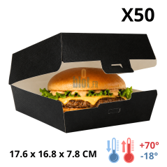 Boîte burger XL noire THEPACK avec hamburger ouverte