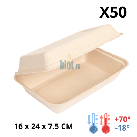 Boîte kebab bagasse 1L compostable ouverte format 16 x 24 cm