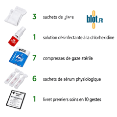 Solution chlorhexidine compresses gaze sérum physiologique et livret secours