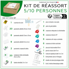 Composition du kit réassort multirisques KIT 5102 BP pour 5 à 10 personnes avec pansements, compresses et accessoires de secours