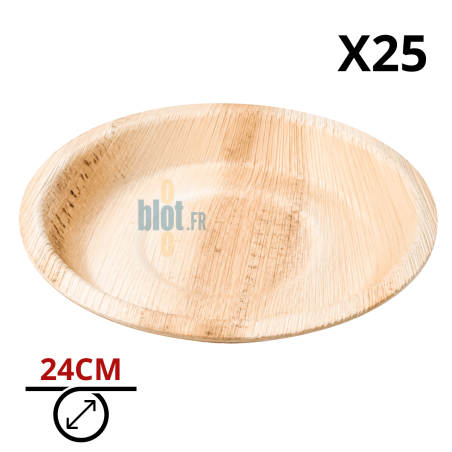 Assiette en palmier ronde 24 cm biodégradable pour plats principaux vendue par lot de 25
