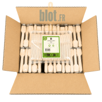 Carton ouvert contenant 3000 mini cuillères à glace en bois réparties en 30 sachets de 100 unités pour professionnels CHR