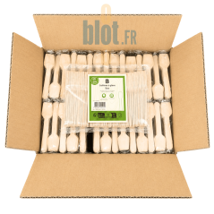 Carton ouvert contenant 3000 mini cuillères à glace en bois réparties en 30 sachets de 100 unités pour professionnels CHR