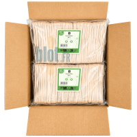 Carton ouvert contenant 1000 fourchettes en bois réparties en 10 sachets de 100 unités