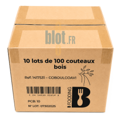 Carton professionnel contenant 1000 couteaux en bois répartis en 10 sachets de 100