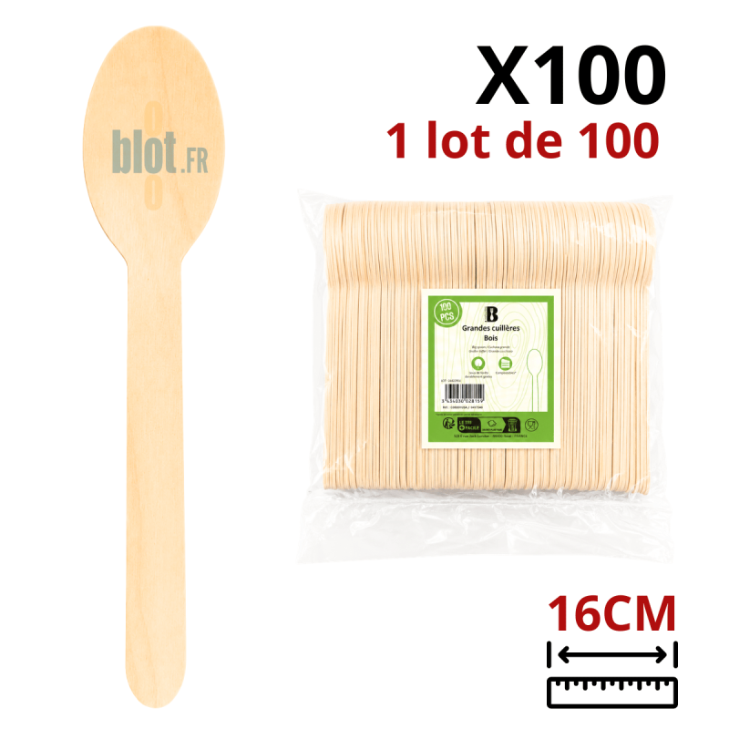 Cuillères en Bois 16 cm | Lot de 100 | Usage unique