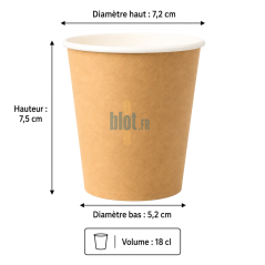 Dimensions du gobelet carton brun 18 cl avec diamètre haut 7,2 cm et hauteur 7,5 cm