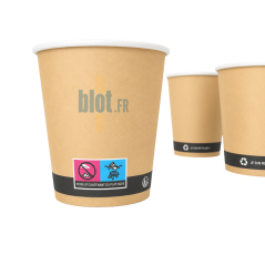 Gobelet carton brun 18 cl avec marquage produit contenant du plastique et revêtement PE