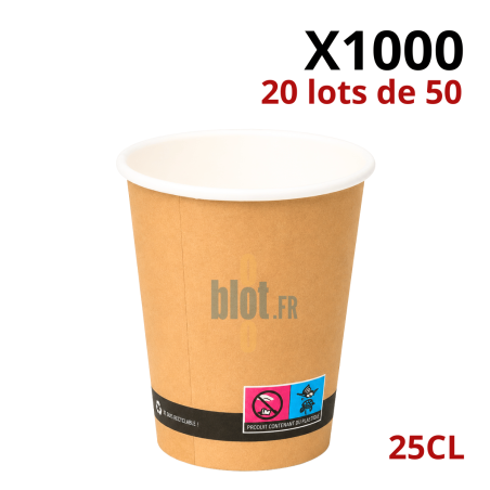 Gobelets carton brun 25 cl vendus par carton de 1000 pièces en 20 lots de 50