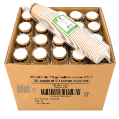 Carton ouvert de 1000 gobelets carton brun 25 cl avec sachets de 50 pièces